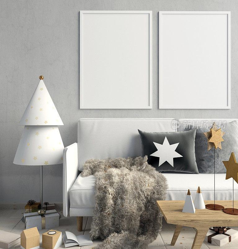 斯堪的纳维亚风格的现代圣诞室内设计。3 d演示。海报模型